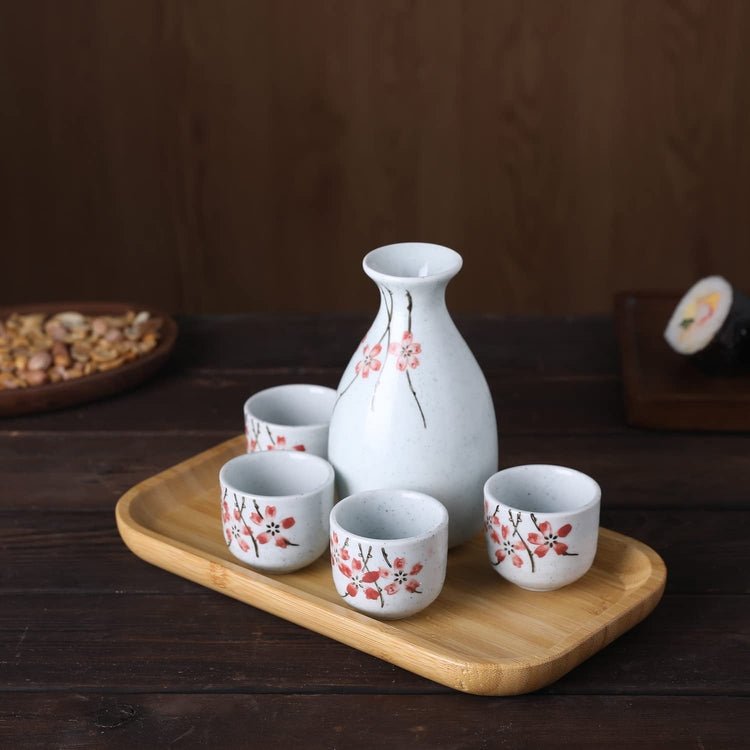 Ceramic Japanese Sake Set, White Glaze and Pink Cherry Blossom Design, Carafe, 4 Shot Glasses and Bamboo Serving Tray-MyGift