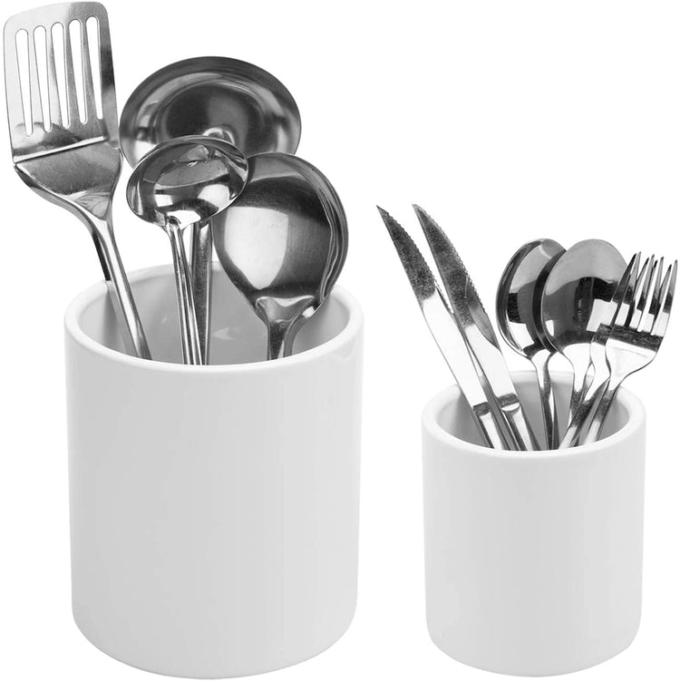 Set of 2 White Small & Large Ceramic Utensil Holder, Kitchen Crock-MyGift