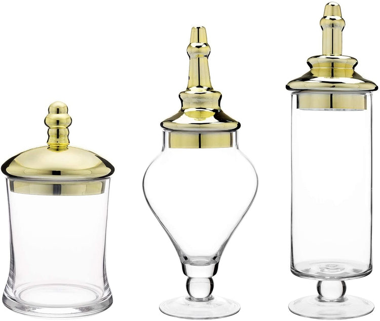 Set of 3 Apothecary Clear Glass Storage Jars with Brass-Tone Lids-MyGift