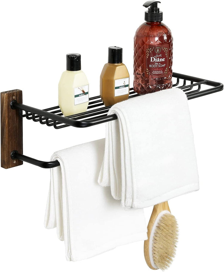 Black Metal and Burnt Wood Wall Mounted Towel Holder Rack with