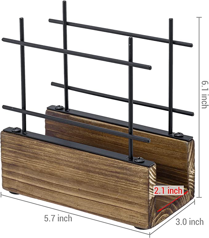 Napkin Holder Freestanding Metal Tabletop Tissue Dispenser with Brown Wood Base and Matte Black Metal Wire Grid-MyGift