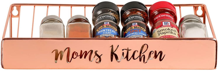 Copper Tone Metal MOMS KITCHEN Spice Jar Rack, Wall Mount or Countertop Seasoning Holder-MyGift