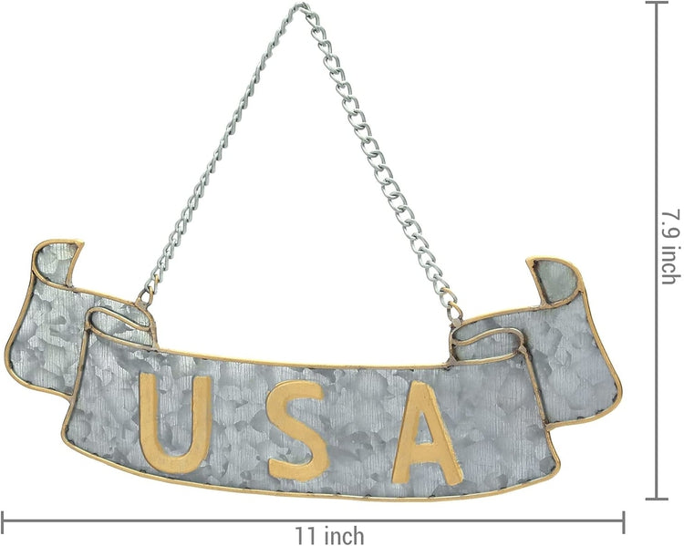 Rustic Galvanized Silver Metal Hanging Sign, Wall Décor with Gold USA Letters-MyGift
