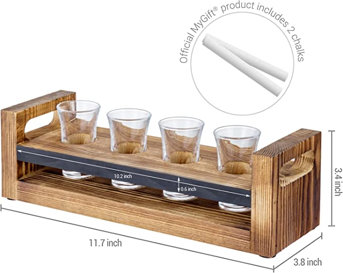Flight Serving Caddy Set w/ Burnt Wood Tray, 4 Clear Shot Glasses and Chalkboard Label Panel-MyGift
