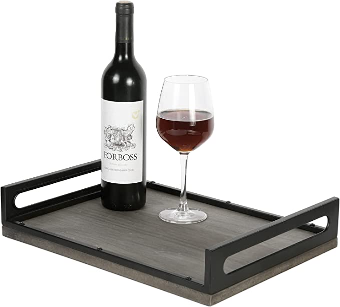 16 x 12 Inch Serving Tray with Handles, Black Metal and Vintage Gray Decorative Ottoman Tray-MyGift