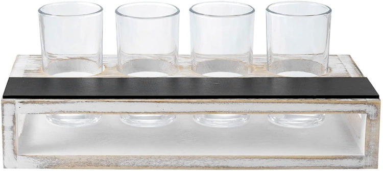 Whitewashed Solid Wood Beer Flight Holder Sampler Tasting Tray Serving Set with 4 Glasses and Erasable Chalkboard Label-MyGift