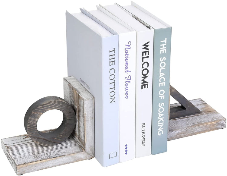 White Wood Geometric Bookends Decorative Desktop Book Stands with Circle and Triangle Design-MyGift