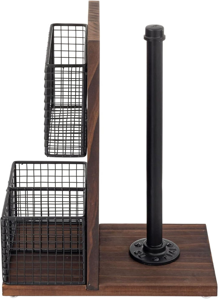 Dark Brown Wood and Black Metal Napkin Holders with Paper Towel Roll Stand and Spice Rack-MyGift