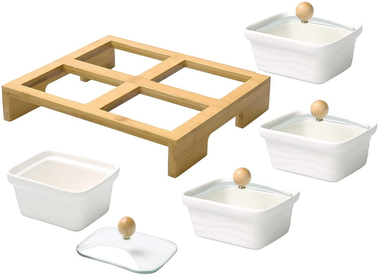 White Ceramic Condiment Snack Bowl Set with Glass Lids and Bamboo Serving Tray-MyGift