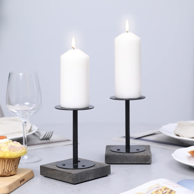 Set of 2, Candlestick Holder, Vintage Gray Wood and Metal Tabletop Pedestal Style Candle Stands-MyGift