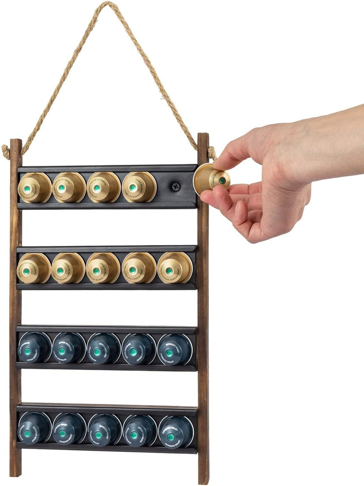 Wall Hanging Burnt Wood Coffee Pod Capsule Holder Rack with Tiered Black Metal Rung Sliding Storage and Rope Accent-MyGift