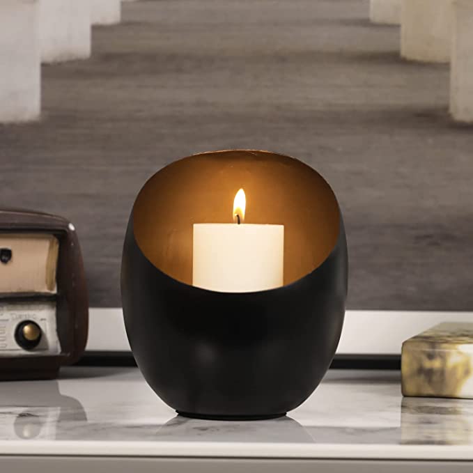Black Candle Holder, Round Black and Gold Votive or Taper Candleholder Vase with Angle Design-MyGift