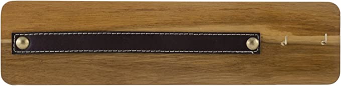 Acacia Wood Wall Mounted Sunglasses Display with Leatherette Strap Eyewear Hanging Rail and 2 Brass Metal Hooks-MyGift