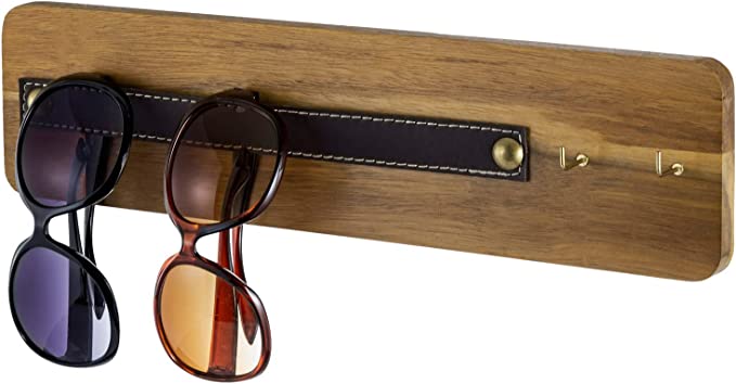 Acacia Wood Wall Mounted Sunglasses Display with Leatherette Strap Eyewear Hanging Rail and 2 Brass Metal Hooks-MyGift