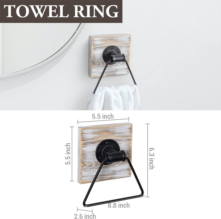 White Washed Wood and Black Metal Pipe Toilet Paper Holder, Hand Towel Ring, 4-Piece-MyGift