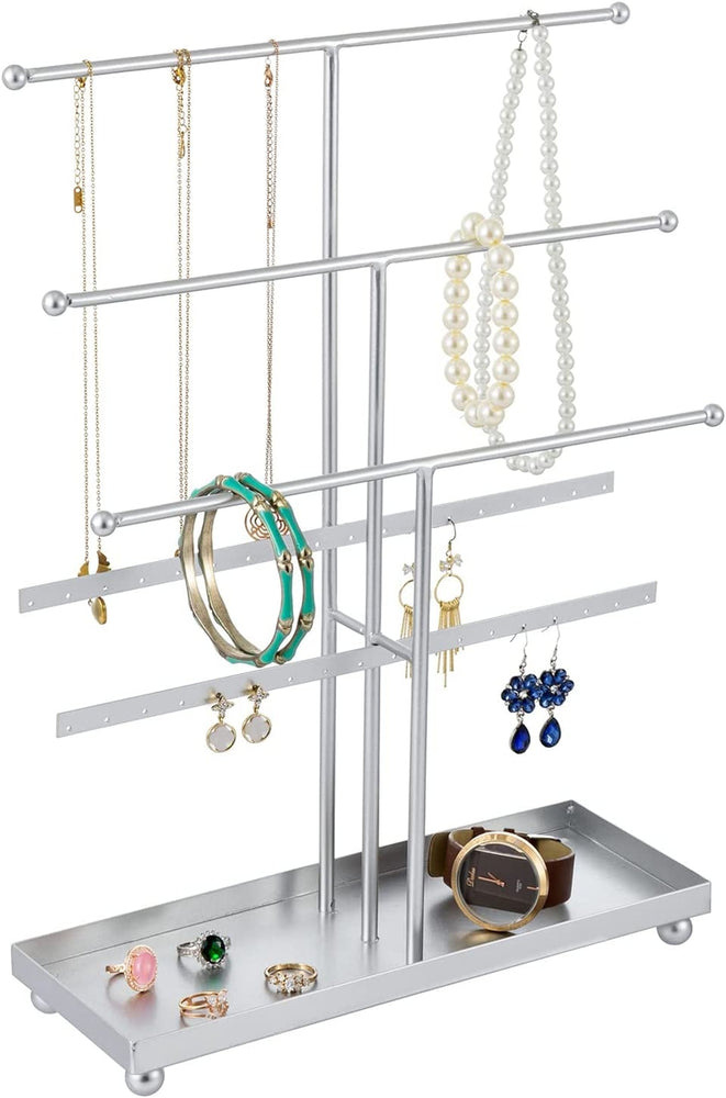 Tiered Silver Metal T Bar Jewelry Organizer Stand with Ring Tray, Necklace Hanger Bars, and Earring Rails-MyGift