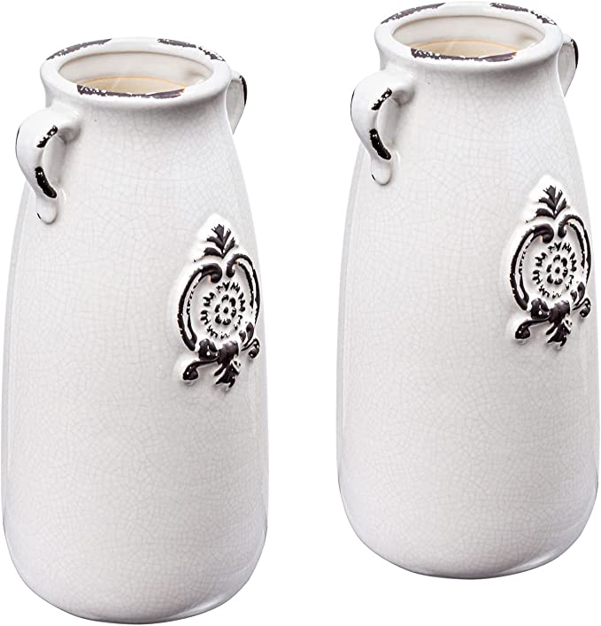 Decorative Flower Vase with Handle and Embossed Seal Design, Tabletop Ceramic Vase, Set of 2-MyGift