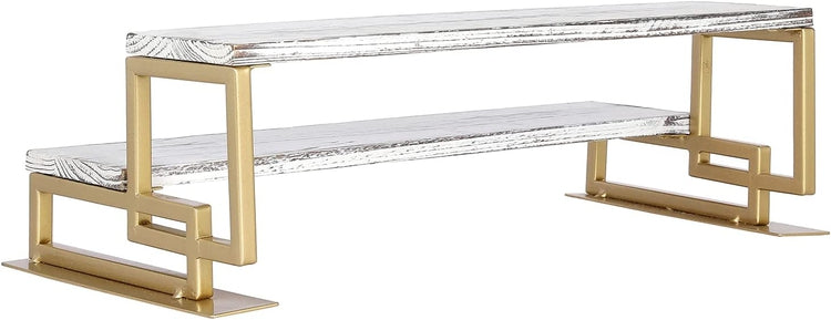 2-Tier Whitewashed Wood and Brass Tone Metal Dessert Holder Cupcake Display Riser Rack Stand-MyGift