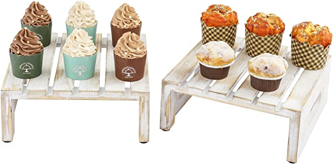 Whitewashed Wood Square Cupcake, Cake, Food Display Stands with Handles, Set of 2-MyGift