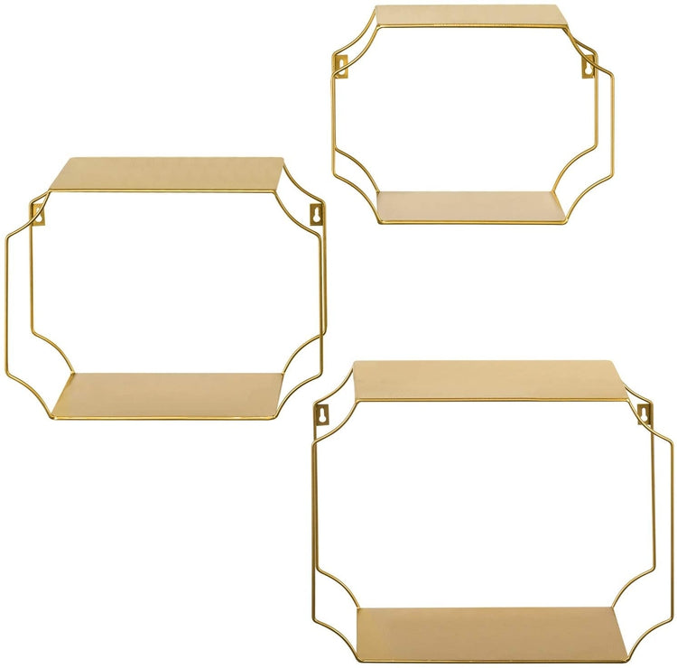 Set of 3 Metal Floating Wall Shelves with Vintage Brass Tone Wire Framing-MyGift