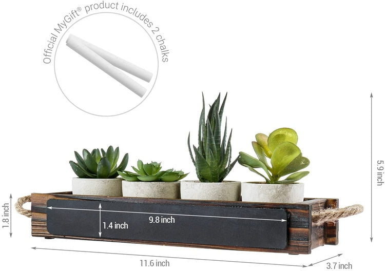 Mini Assorted Faux Succulents, Artificial Plants in Concrete Planters, Dark Brown Wood Window Box with Chalkboard Label-MyGift