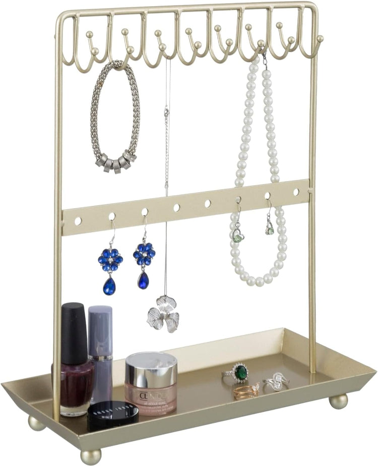 Brass Tone Metal Jewelry Organizer Stand, Hooks for Hanging Necklaces or Bracelets, Earring Hanger Rail, Ring Tray Base-MyGift