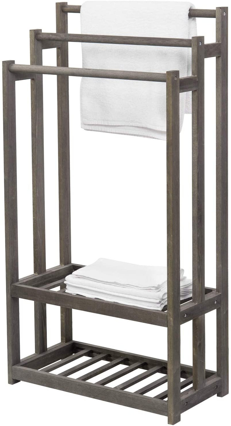 3 Tier Gray Wood Towel Rack with 2 Bottom Storage Shelves