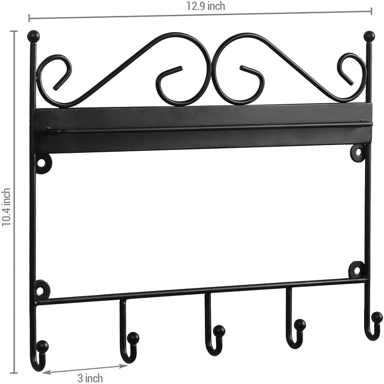 Black Metal Wire Hanging Sunglasses Holder for Home Wall Key Rack with 5 Hooks and Scrollwork Design-MyGift