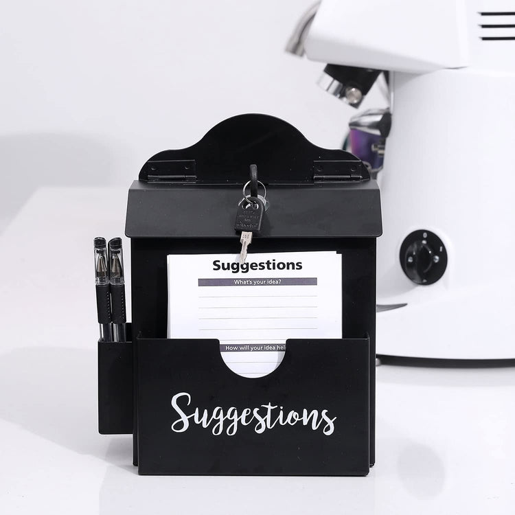 Metal Suggestion Box, Matte Black Wall Mounted or Tabletop Comment Box with Lock, Keys, Paper Sheet and Pen Holder Slots-MyGift