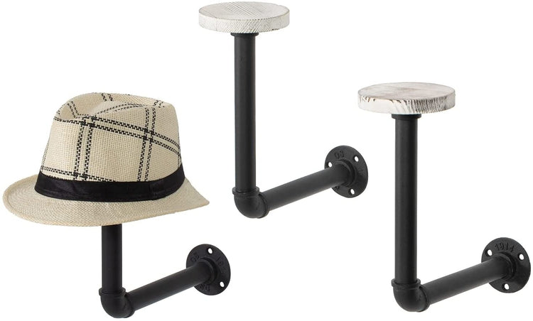Set of 3, Hat Rack Wall Mount Industrial Black Metal Pipe and Whitewashed Wood Circular Form Wig Holder-MyGift
