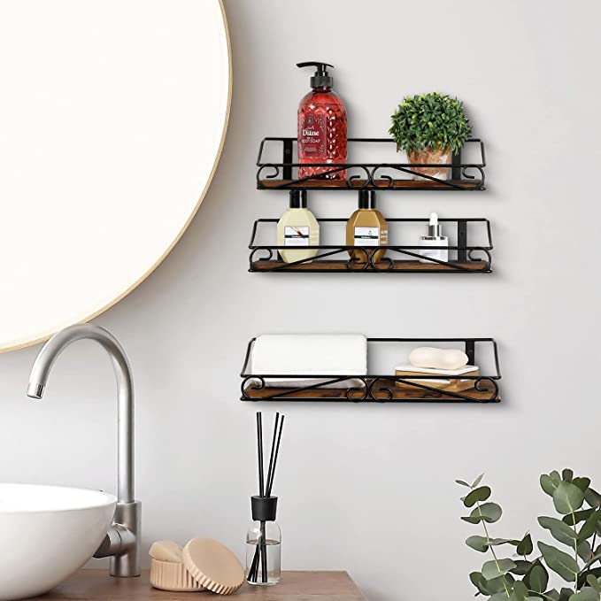 Rustic Burnt Wood Wall Mounted Spice Racks with Vintage Scrollwork Design, Set of 3-MyGift
