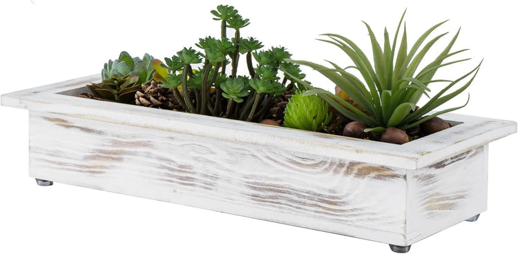 Whitewashed Wood Tabletop Window Box Trough Planter, Includes DIY Artificial Succulents, Pine Cones, Acorns, Moss Filler-MyGift