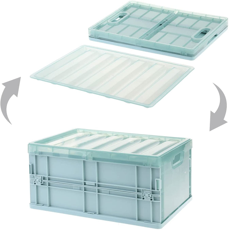 Foldable Storage Box with Lid Clear Aqua Blue Plastic Collapsible First Aid, Arts and Crafts Container and Side Handles-MyGift