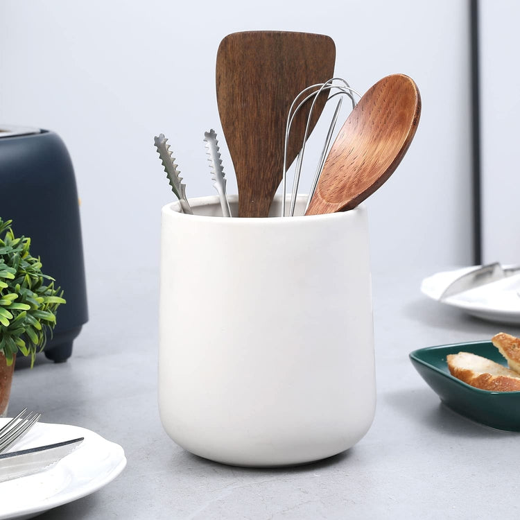 White Ceramic Utensil Holder, Utensil Crock Kitchen Organizer, Countertop Cooking Tools Holder with Rounded Base-MyGift