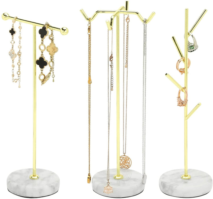 3 Piece Set, Brass Tone Metal Jewelry Organizer Racks with White Marble Bases-MyGift