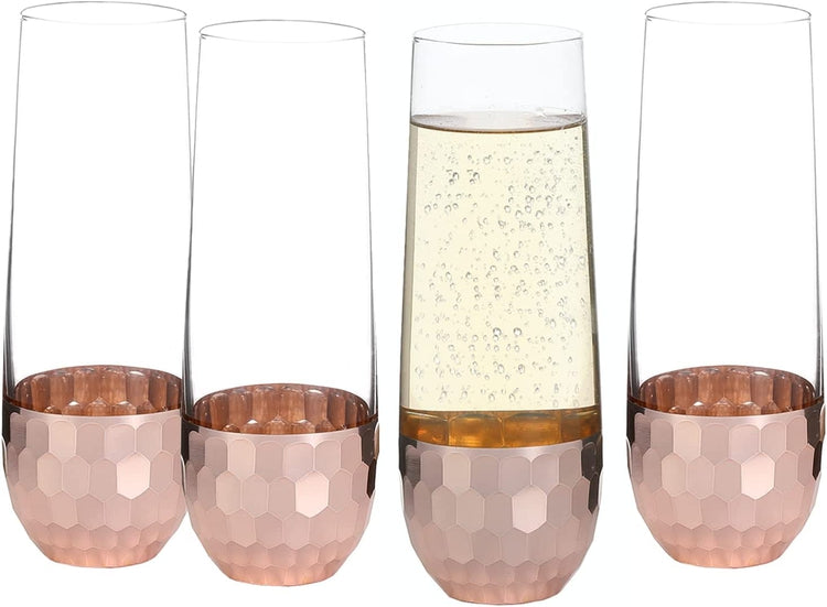 Set of 4, Stemless Champagne Flute Party Glasses with Hammered Style Copper Plated Bottoms-MyGift