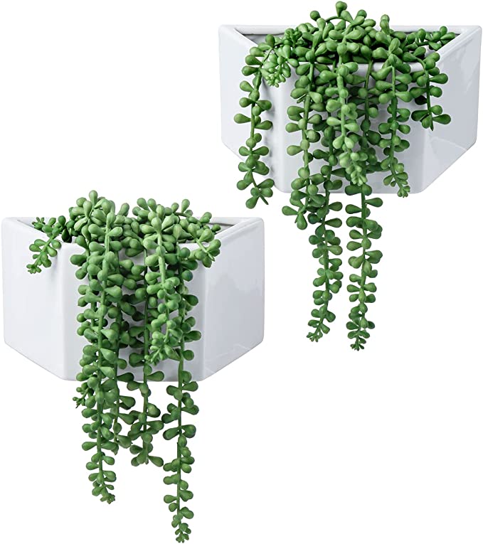 Artificial String of Pearls Plants in White Ceramic Wall-Hanging