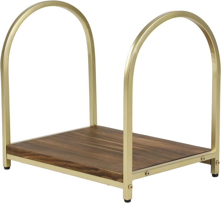 Firewood Rack Fireplace Log Holder, Modern Brass Tone Metal and Burnt Solid Wood Freestanding Stacking Lumber Stand-MyGift