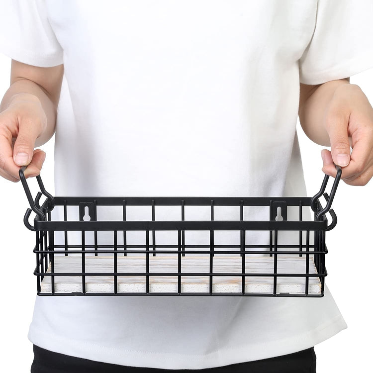 Set of 2, Decorative Storage Baskets with Handles, Black Metal Wire and Whitewashed Wood Rectangular Wall Baskets-MyGift
