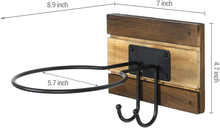 Wall Mounted Sports Storage Rack, Burnt Wood and Round Black Metal Ball Holder with Hanging Hooks-MyGift