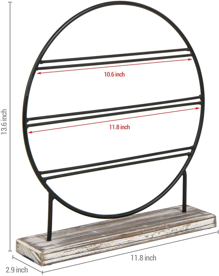 3-Tier Tabletop Earring Holder, Torched Wood and Matte Black Metal Circular Jewelry Hanger Stand-MyGift