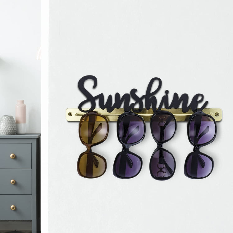 Brass Metal Wire Wall Mounted Sunglasses Holder with Matte Black Metal Cursive "Sunshine" Word Decoration-MyGift