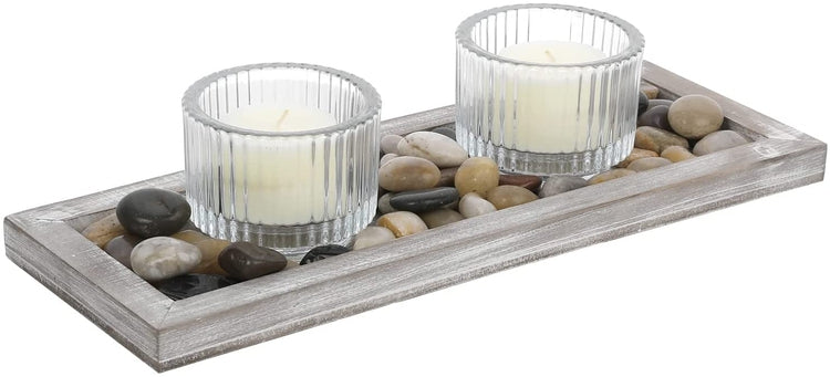 Candlescape Candle Holder Set with Whitewashed Wood Tray, Ribbed Glass Tealight or Votive Holders, and Stone Fillers-MyGift