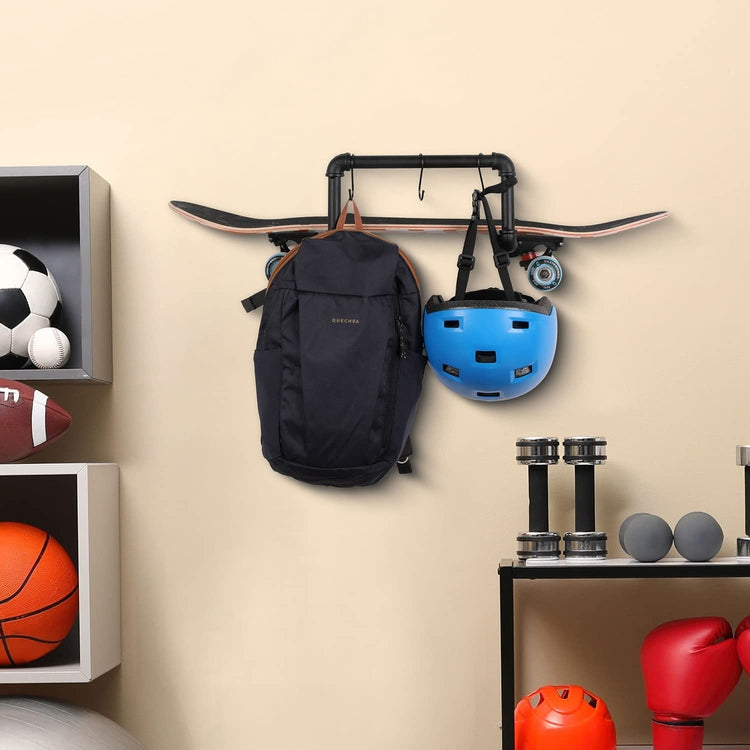 Industrial Design Black Metal Pipe Skateboard, Longboard Wall Mounted Storage Display Rack with 3 Hanging S-Hooks-MyGift