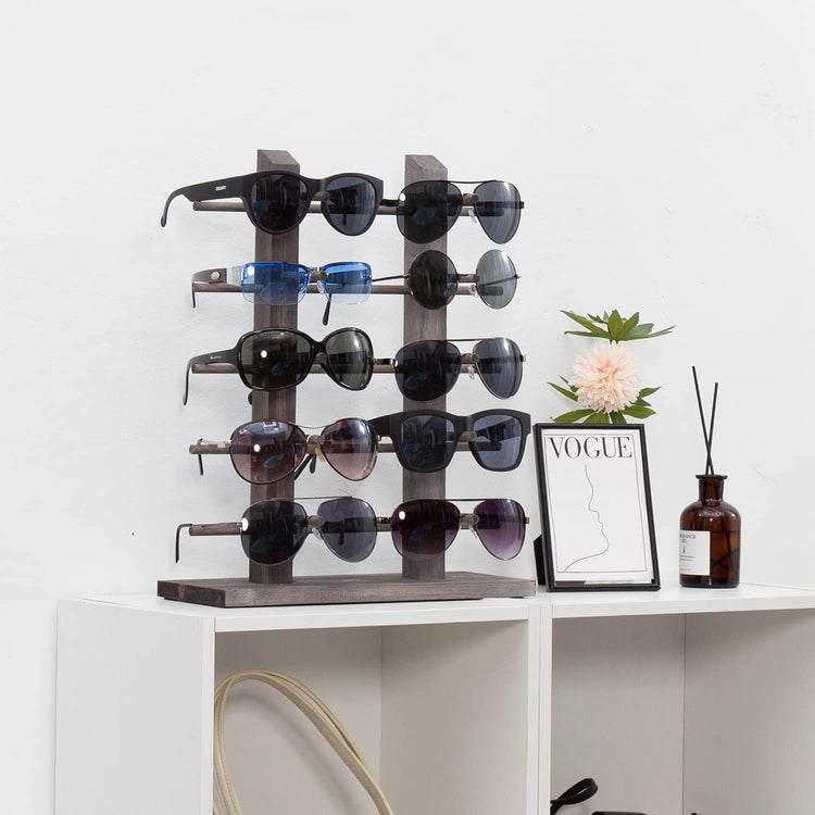 Sunglasses Display Stand, Gray Wood Tabletop Eyeglass Storage Rack, Holds up to 10 Pairs of Eyewear-MyGift