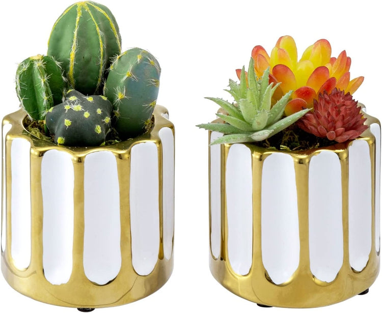 Set of 2, White and Gold Ceramic Fluted Planter Pot with Drainage Hole, Small Succulent Plant Container-MyGift