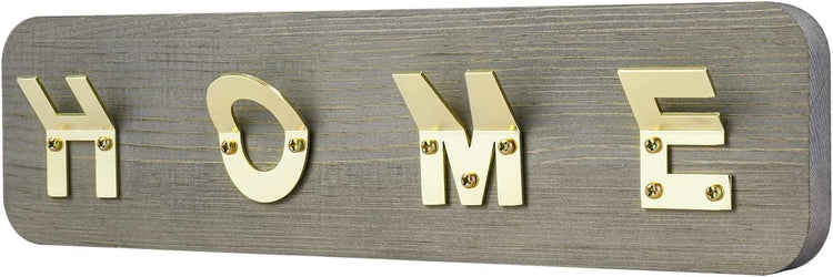 Gray Wood and Brass Tone Metal Wall Mounted Entryway Coat Hanger Garment Holder with HOME Letter Sign-MyGift