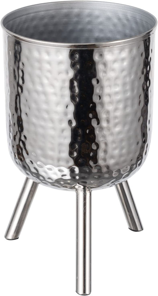 10 Inch Tall Raised Planter Pot, Metallic Silver Tone Hammered Style Plant Container with Tripod Riser Legs-MyGift