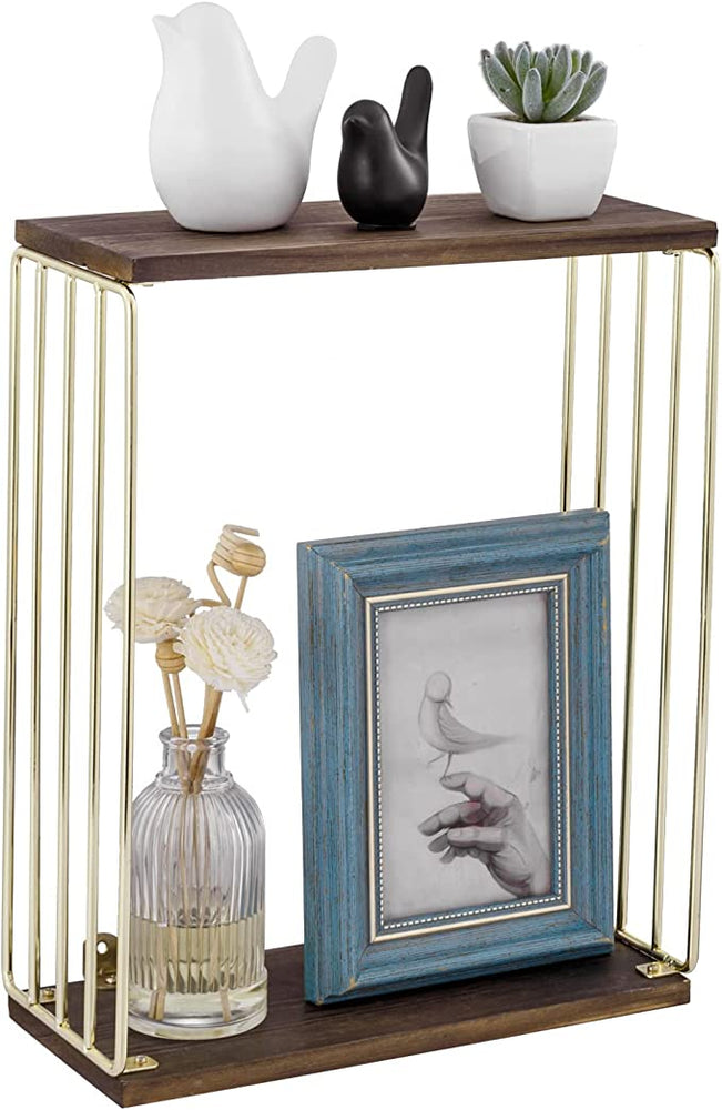 Decorative Brass and Burnt Wood 2 Tier Floating Shelf and Shadow Box Wall Shelf-MyGift
