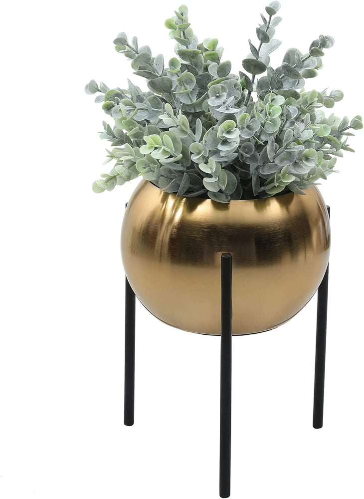 Brass Plated Metal Round Succulent Planter Pot with Black Metal Display Riser Stand-MyGift